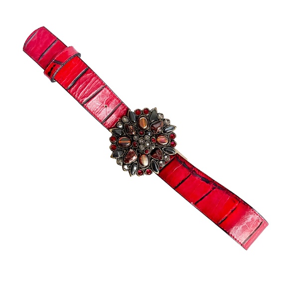 Leatherock Wide Belt Gem Embellished Buckle Red Croc Stamp Leather Strap Size 32 - Picture 2 of 11